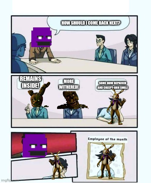 Employee of the month | How should I come back next? Remains inside! More withered! Some how repaired and creepy-ahh smile | image tagged in employee of the month | made w/ Imgflip meme maker