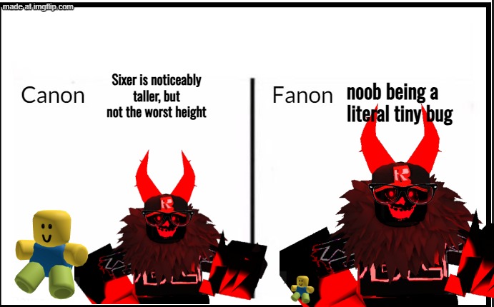 Man :sob: | Sixer is noticeably taller, but not the worst height; noob being a literal tiny bug | image tagged in canon vs fanon characters | made w/ Imgflip meme maker