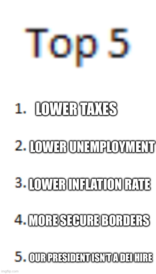 Top 5 List | Lower taxes Lower unemployment Lower inflation rate More Secure borders Our president isn’t a Dei hire | image tagged in top 5 list | made w/ Imgflip meme maker