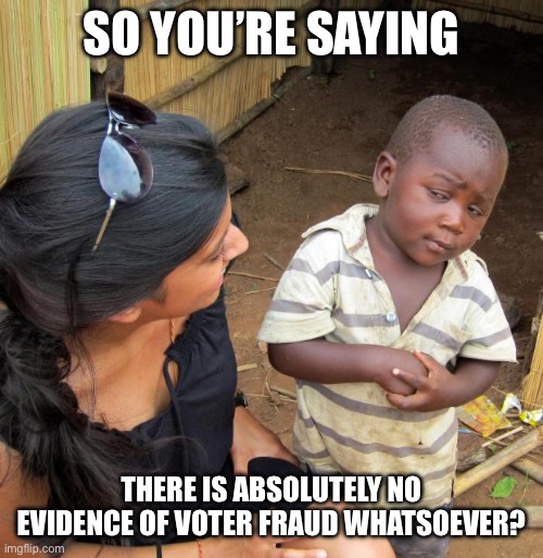 So you’re saying There is absolutely no evidence of voter fraud whatsoever? | image tagged in 3rd world sceptical child | made w/ Imgflip meme maker