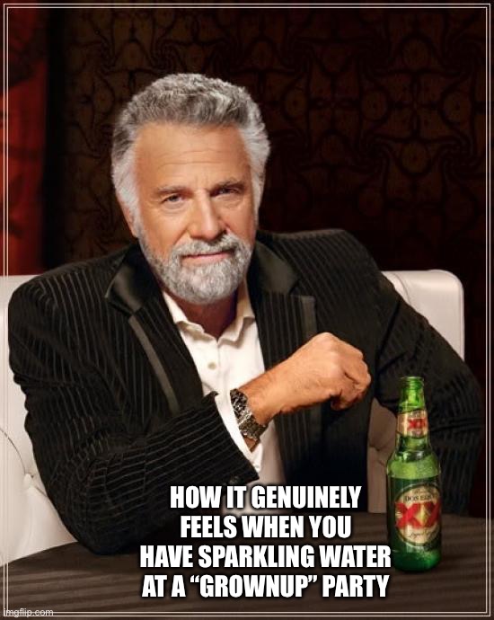 Is it true tho? | How it genuinely feels when you have sparkling water at a “grownup” party | image tagged in memes,the most interesting man in the world | made w/ Imgflip meme maker