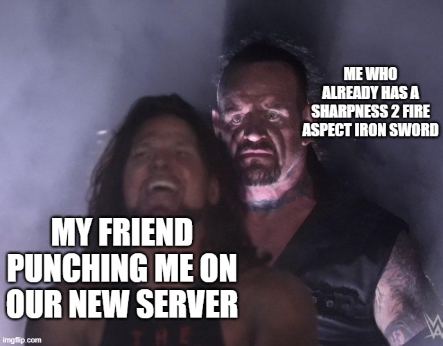 my guy got one shot | me who already has a sharpness 2 fire aspect iron sword; my friend punching me on our new server | image tagged in undertaker | made w/ Imgflip meme maker