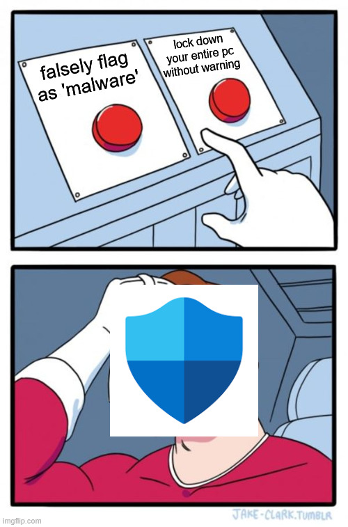 Microslop Slopfender | lock down your entire pc without warning; falsely flag as 'malware' | image tagged in memes,two buttons,microsoft,microslop,defender | made w/ Imgflip meme maker