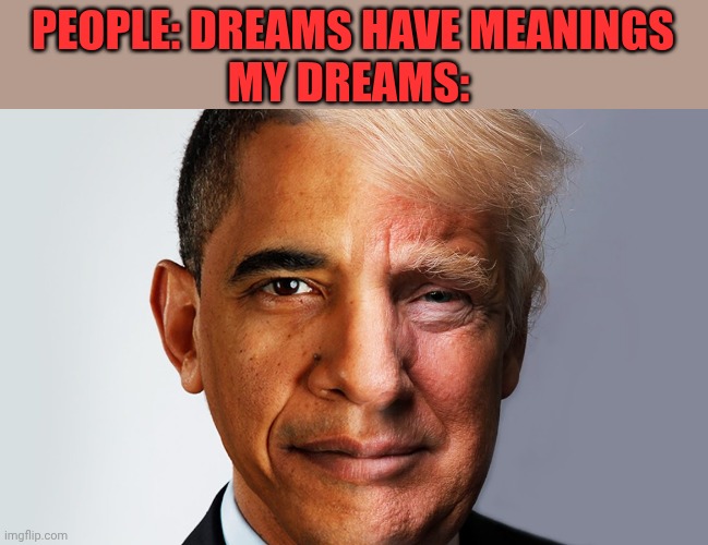Nah they don't always have meanings | People: Dreams have meanings
My dreams: | image tagged in trump-obama | made w/ Imgflip meme maker