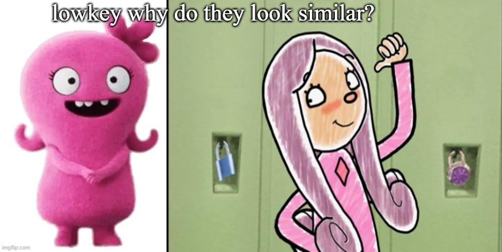 the one on the left looks like a human version of Moxy | lowkey why do they look similar? | image tagged in daffinee pointing | made w/ Imgflip meme maker
