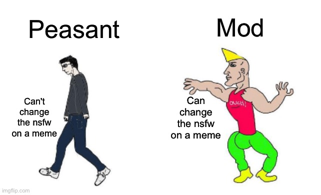 Virgin vs Chad | Peasant Mod Can't change the nsfw on a meme Can change the nsfw on a meme | image tagged in virgin vs chad | made w/ Imgflip meme maker