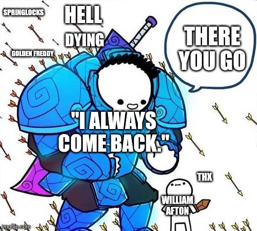 Pro Gamer Noob Gamer | Springlocks; Hell; There you go; Dying; Golden Freddy; "I always come back."; Thx; William Afton | image tagged in pro gamer noob gamer | made w/ Imgflip meme maker