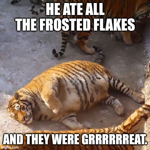 Harbin-overweight-tigers-e1487156318821.png | He ate all the frosted flakes; And they were grrrrrreat. | image tagged in harbin-overweight-tigers-e1487156318821 png | made w/ Imgflip meme maker