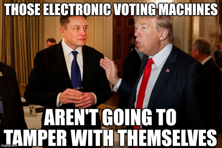 those electronic voting machines aren't going to tamper with themselves | image tagged in trump and elon musk | made w/ Imgflip meme maker