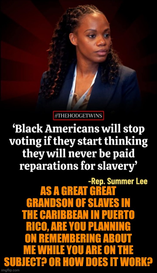 Funny | As a great great grandson of slaves in the Caribbean in Puerto Rico, are you planning on remembering about me while you are on the subject? Or how does it work? | image tagged in funny,politics,economy,slavery,black lives matter,in terms of money we have no money | made w/ Imgflip meme maker