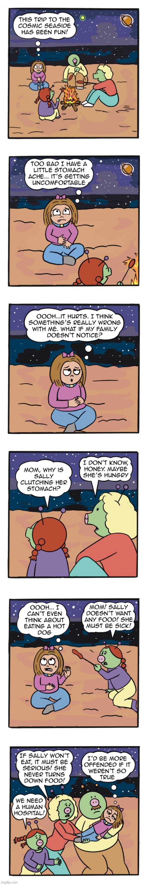 image tagged in aliens,human,sally,sick,stomach ache,oh no | made w/ Imgflip meme maker