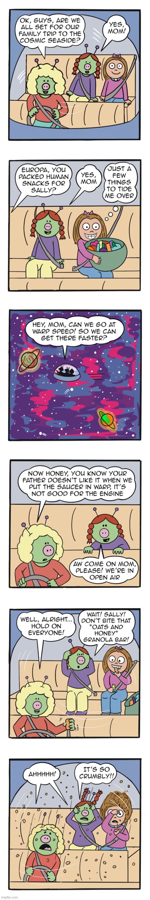 image tagged in aliens,human,sally,road trip,granola bar,oops | made w/ Imgflip meme maker