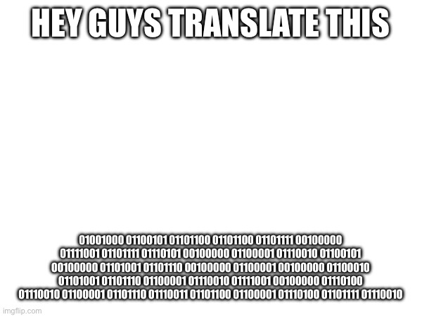 Hey guys translate this; 01001000 01100101 01101100 01101100 01101111 00100000 01111001 01101111 01110101 00100000 01100001 01110010 01100101 00100000 01101001 01101110 00100000 01100001 00100000 01100010 01101001 01101110 01100001 01110010 01111001 00100000 01110100 01110010 01100001 01101110 01110011 01101100 01100001 01110100 01101111 01110010 | image tagged in tag | made w/ Imgflip meme maker
