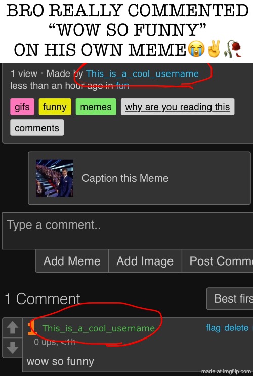 what is bro doing | bro really commented “wow so funny” on his own meme😭✌️🥀 | image tagged in funny,memes,wow,wow look nothing,what,bro | made w/ Imgflip meme maker
