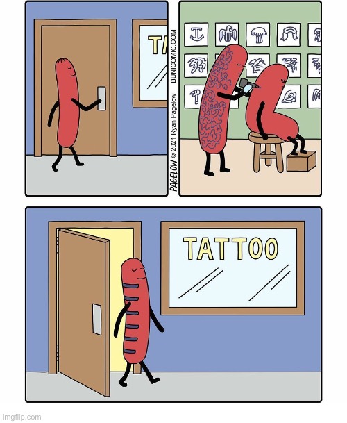 Mr. Furter gets a tattoo | image tagged in comics,buni comics,tattoo parlor,frankfurter,tattoo,grill marks | made w/ Imgflip meme maker