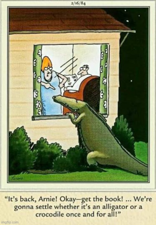 Whatever you do don’t open the door! | image tagged in the far side,comics,lets settle it,alligator,crocodile,get the book | made w/ Imgflip meme maker