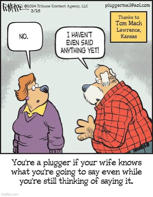 Pluggers | image tagged in comics,pluggers,wife,she knows,thinking,saying | made w/ Imgflip meme maker