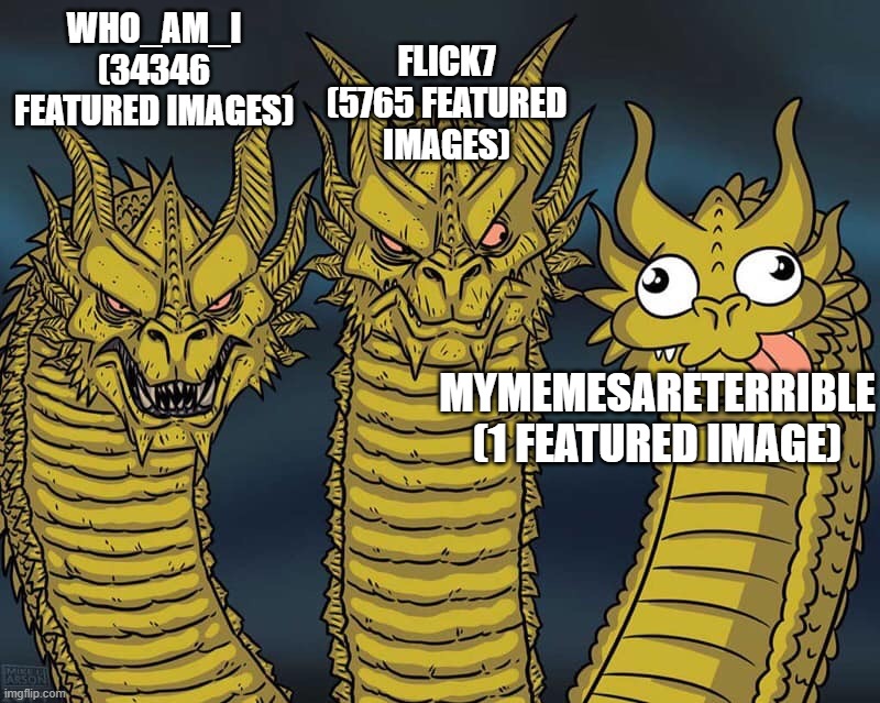 The Imgflip leaderboard be like: | who_am_i
(34346 featured images); flick7
(5765 featured images); mymemesareterrible
(1 featured image) | image tagged in three dragon meme | made w/ Imgflip meme maker