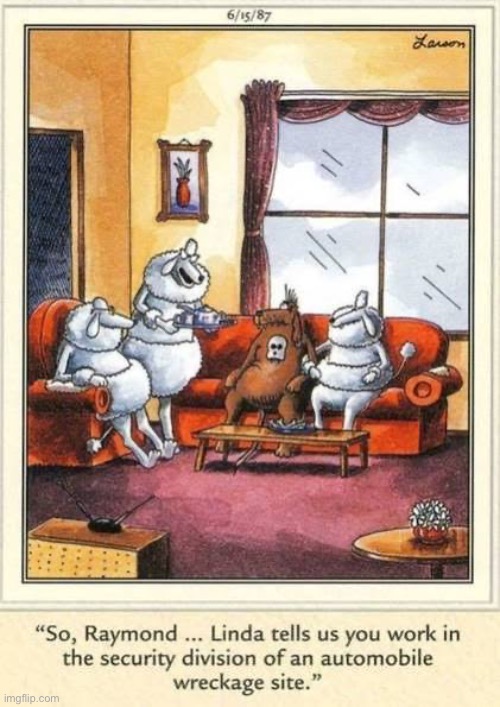 That’s a nice way of saying that he’s a “junkyard dog” | image tagged in the far side,comics,dog,security,junkyard,poodles | made w/ Imgflip meme maker