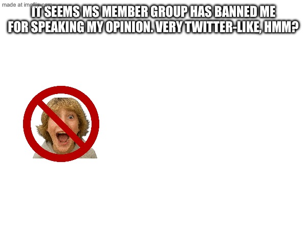 Hmm, MS memer group seems to deserve the hate I’ve seen. | It seems MS member group has banned me for speaking my opinion. Very twitter-like, hmm? | image tagged in idonthaveafirstamendmentanymore | made w/ Imgflip meme maker