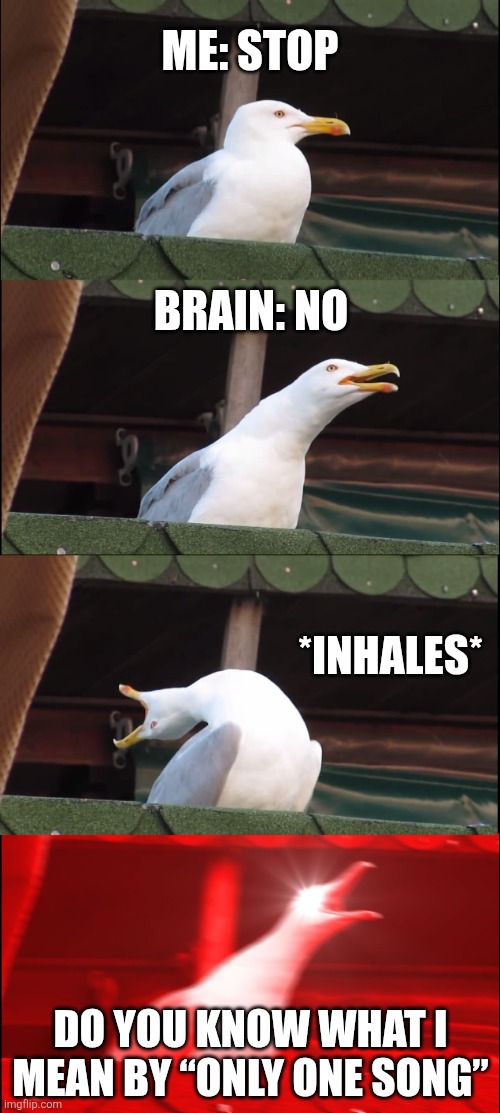 generated using the new AI IMGFLIP meme gen (i have no idea where to post here this is one of my ai generated unfunny joke dump) | ME: STOP; BRAIN: NO; *INHALES*; DO YOU KNOW WHAT I MEAN BY “ONLY ONE SONG” | image tagged in memes,inhaling seagull | made w/ Imgflip meme maker