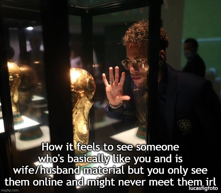 Neymar trophy meme | How it feels to see someone who's basically like you and is wife/husband material but you only see them online and might never meet them irl | image tagged in neymar trophy meme | made w/ Imgflip meme maker