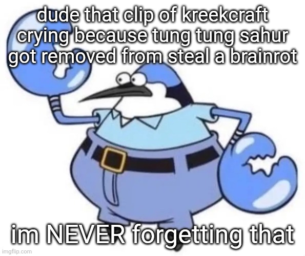 Nephew | dude that clip of kreekcraft crying because tung tung sahur got removed from steal a brainrot; im NEVER forgetting that | image tagged in nephew | made w/ Imgflip meme maker