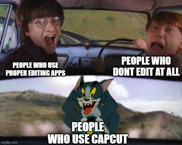 Tom chasing Harry and Ron Weasly | people who dont edit at all; people who use proper editing apps; people who use capcut | image tagged in tom chasing harry and ron weasly,true dat | made w/ Imgflip meme maker