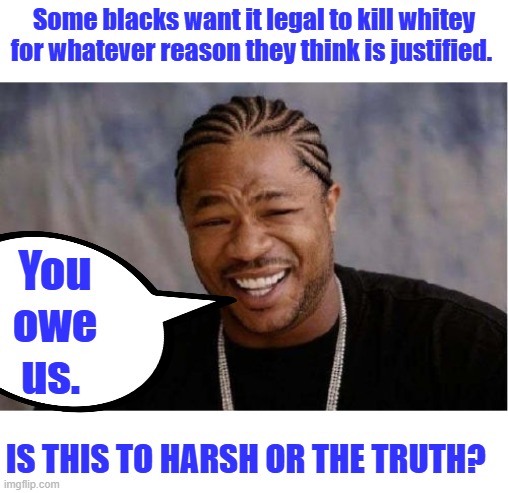 2 can play the same game, be careful what you wish for. They want the Purge Blacks only version against whitey | Some blacks want it legal to kill whitey for whatever reason they think is justified. You owe us. Is this to harsh or the truth? | image tagged in memes,yo dawg heard you,remix | made w/ Imgflip meme maker