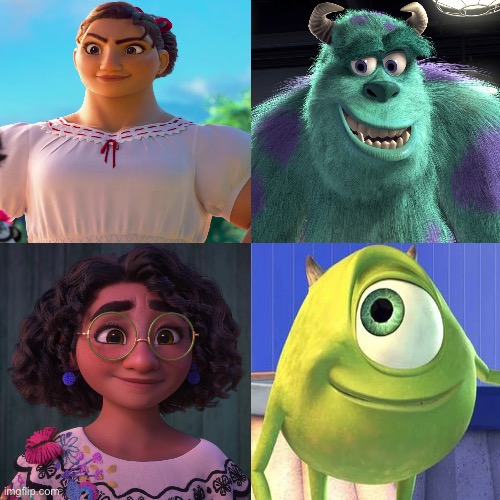 Luísa and Mirabel as Sulley and Mike Wazowski | image tagged in encanto,disney,pixar,monsters inc,crossover,matchup | made w/ Imgflip meme maker
