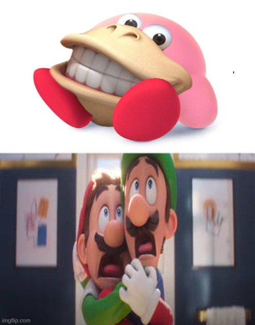 you will never unsee Kirbo-Kong | image tagged in mario and luigi scared of what,nintendo,super mario,kirby,memes,funny | made w/ Imgflip meme maker