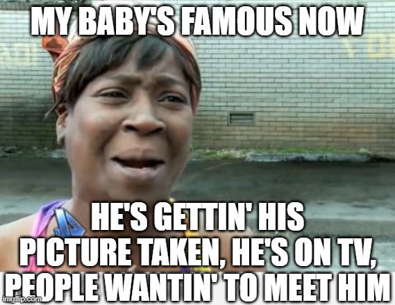 my baby's famous now he's gettin' his picture taken, he's on TV, people wantin' to meet him | image tagged in sweet brown | made w/ Imgflip meme maker