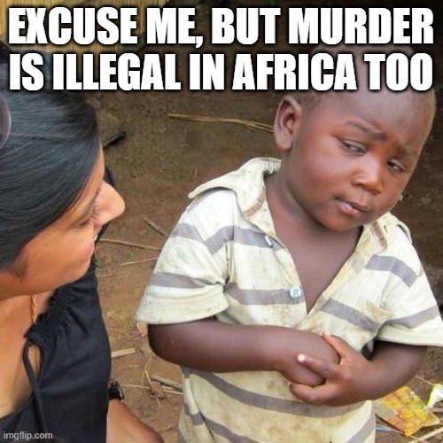 excuse me, but murder is illegal in africa too | image tagged in memes,third world skeptical kid | made w/ Imgflip meme maker