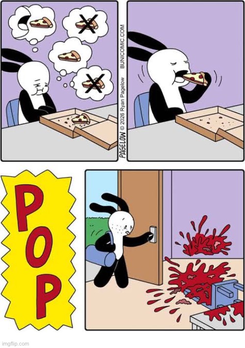 Buni Comics | image tagged in comics,buni comics,pizza,ate too much,explosion,bunidad | made w/ Imgflip meme maker