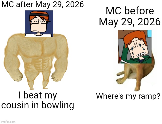 MC does bowling practices for the June 19 tournament with William. | MC after May 29, 2026; MC before May 29, 2026; Where's my ramp? I beat my cousin in bowling | image tagged in memes,buff doge vs cheems,mc,moscovio may,before and after,bowling | made w/ Imgflip meme maker