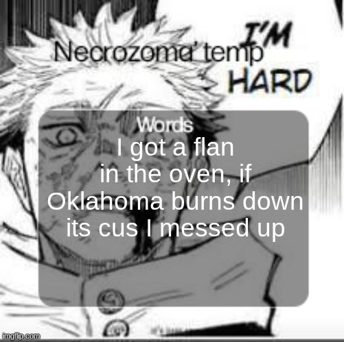 yipppie | I got a flan in the oven, if Oklahoma burns down its cus I messed up | made w/ Imgflip meme maker