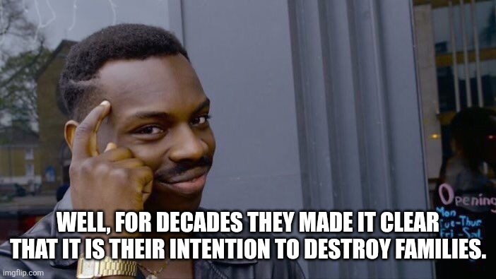 Roll Safe Think About It Meme | Well, for decades they made it clear that it is their intention to destroy families. | image tagged in memes,roll safe think about it | made w/ Imgflip meme maker