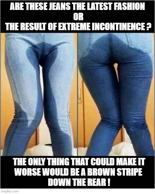 What Is Wrong With Some People ? | are these jeans the latest fashion
 or
 the result of extreme incontinence ? the only thing that could make it
worse would be a brown stripe 
down the rear ! | image tagged in jeans,fashion,incontinence | made w/ Imgflip meme maker