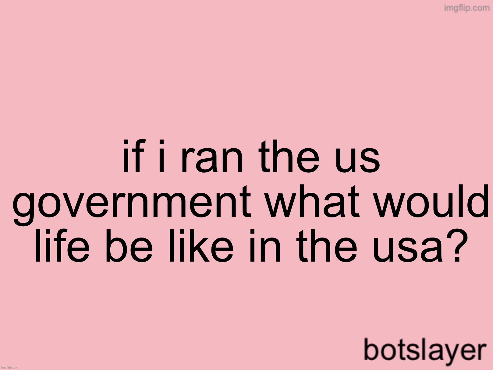 botslayer announcement temp v3 | if i ran the us government what would life be like in the usa? | image tagged in botslayer announcement temp v3 | made w/ Imgflip meme maker