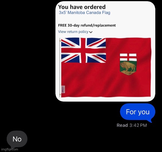 My sister hates how the Manitoba flag looks like so I edited a picture to make it seem like I ordered it for her birthday gift | made w/ Imgflip meme maker