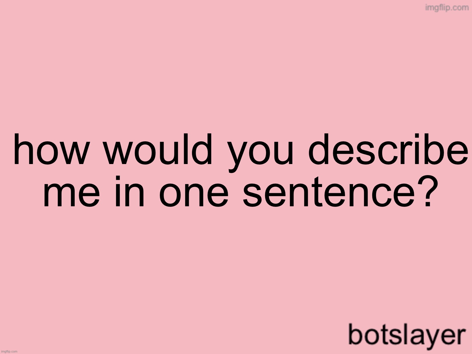 botslayer announcement temp v3 | how would you describe me in one sentence? | image tagged in botslayer announcement temp v3 | made w/ Imgflip meme maker