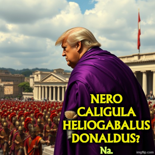 In your dreams, fella. | Nero
Caligula
Heliogabalus
Donaldus? Na. | image tagged in _fat bald round puffy donald trump in profile dressed in a pur,trump,king,emperor,rome,incompetence | made w/ Imgflip meme maker