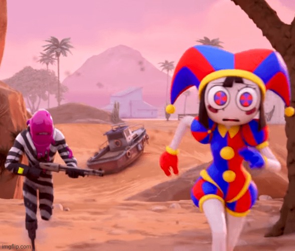 Pomni being chased in fortnite | image tagged in pomni being chased in fortnite | made w/ Imgflip meme maker