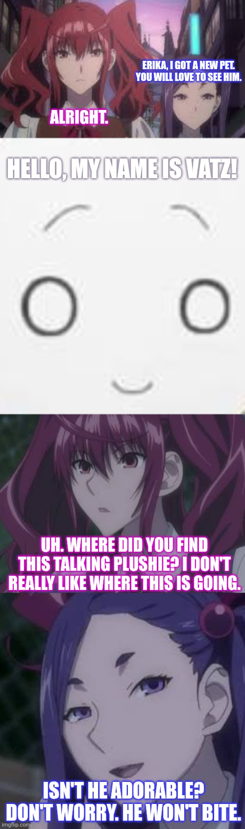 Erika, I got a new pet. You will love to see him. Alright. Hello, my name is Vatz! Uh. Where did you find this talking plushie? I don't really like where this is going. Isn't he adorable? Don't worry. He won't bite. | image tagged in memes,magical,girls | made w/ Imgflip meme maker