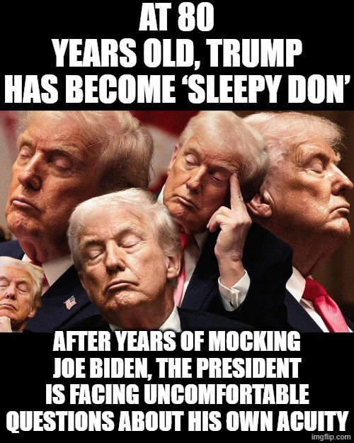 ‘Sleepy Don’ | At 80 years old, Trump has become ‘Sleepy Don’; After years of mocking Joe Biden, the president is facing uncomfortable questions about his own acuity | image tagged in sleepy guy,sleepy don,old man,old age,old people,politics | made w/ Imgflip meme maker