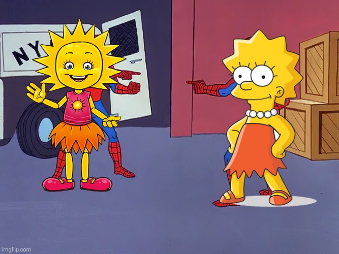 Those yellow female characters look very similar | image tagged in two spidermen pointing at each other,lisa simpson,the simpsons,hungary,similarities | made w/ Imgflip meme maker
