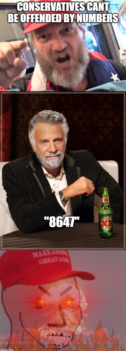 Reminder that Trump said "Hang the Liberals" but someone on facebook with 9 followers wanting to get rid of Trump is as bad! | conservatives cant be offended by numbers; "8647" | image tagged in angry trumper maga white supremacist,memes,the most interesting man in the world,meltdown angry maga npc | made w/ Imgflip meme maker
