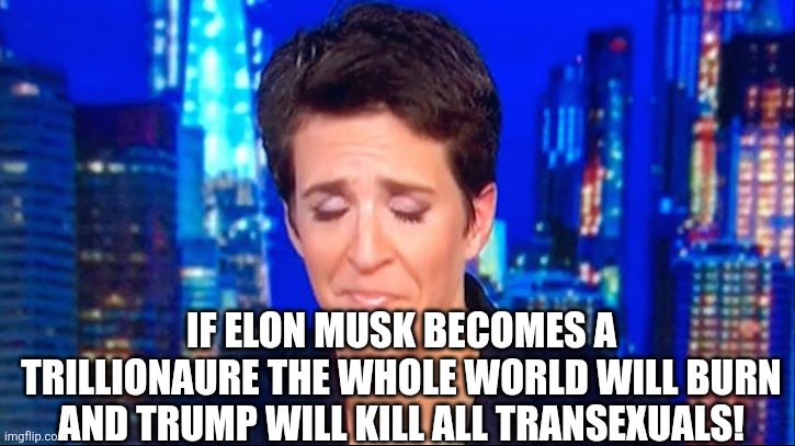 rachel madcow | If elon musk becomes a trillionaure the whole world will burn and trump will kill all transexuals! | image tagged in rachel madcow | made w/ Imgflip meme maker