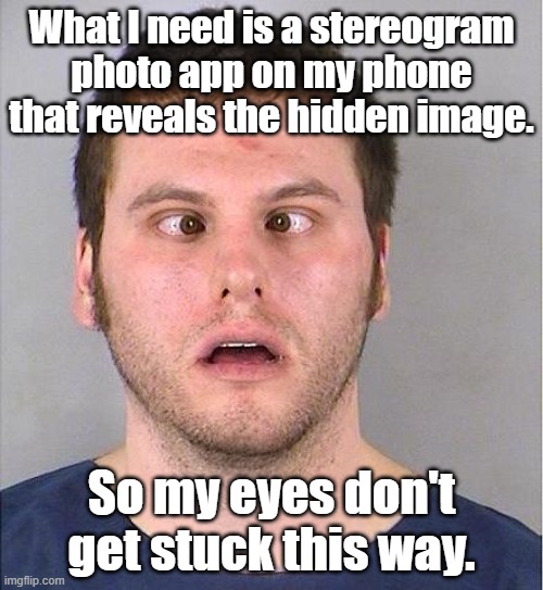 Really. | What I need is a stereogram photo app on my phone that reveals the hidden image. So my eyes don't get stuck this way. | image tagged in cross-eyed joe | made w/ Imgflip meme maker
