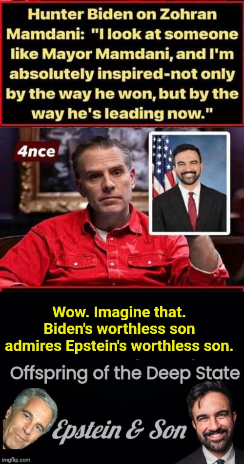 Biden's son admired Epstein's son | Wow. Imagine that. Biden's worthless son admires Epstein's worthless son. | image tagged in img 31 jpeg,black background,epstein and son header,hunter biden,useless | made w/ Imgflip meme maker